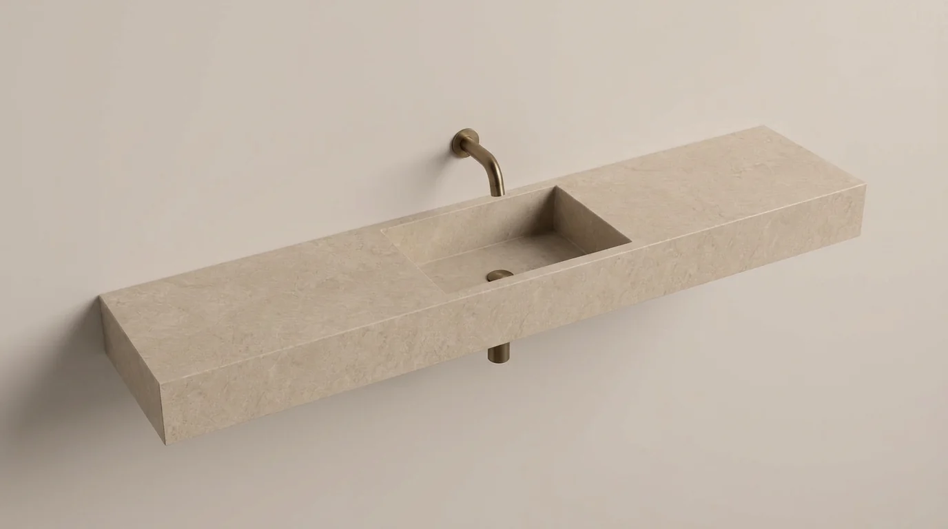 Lang, smal fonteinelement van licht beige keramiek met een geïntegreerde bak, doorlopend afzetblad en bronzen muurkraan