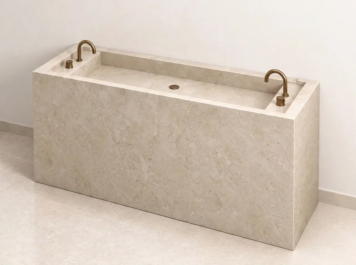 Rechthoekige staande wastafel van licht beige keramiek tot op de vloer, met één lange bak, een centrale bronzen afvoer en aan beide korte zijden een verlaagd kraanplateau met bronzen kraan en aparte draaiknop