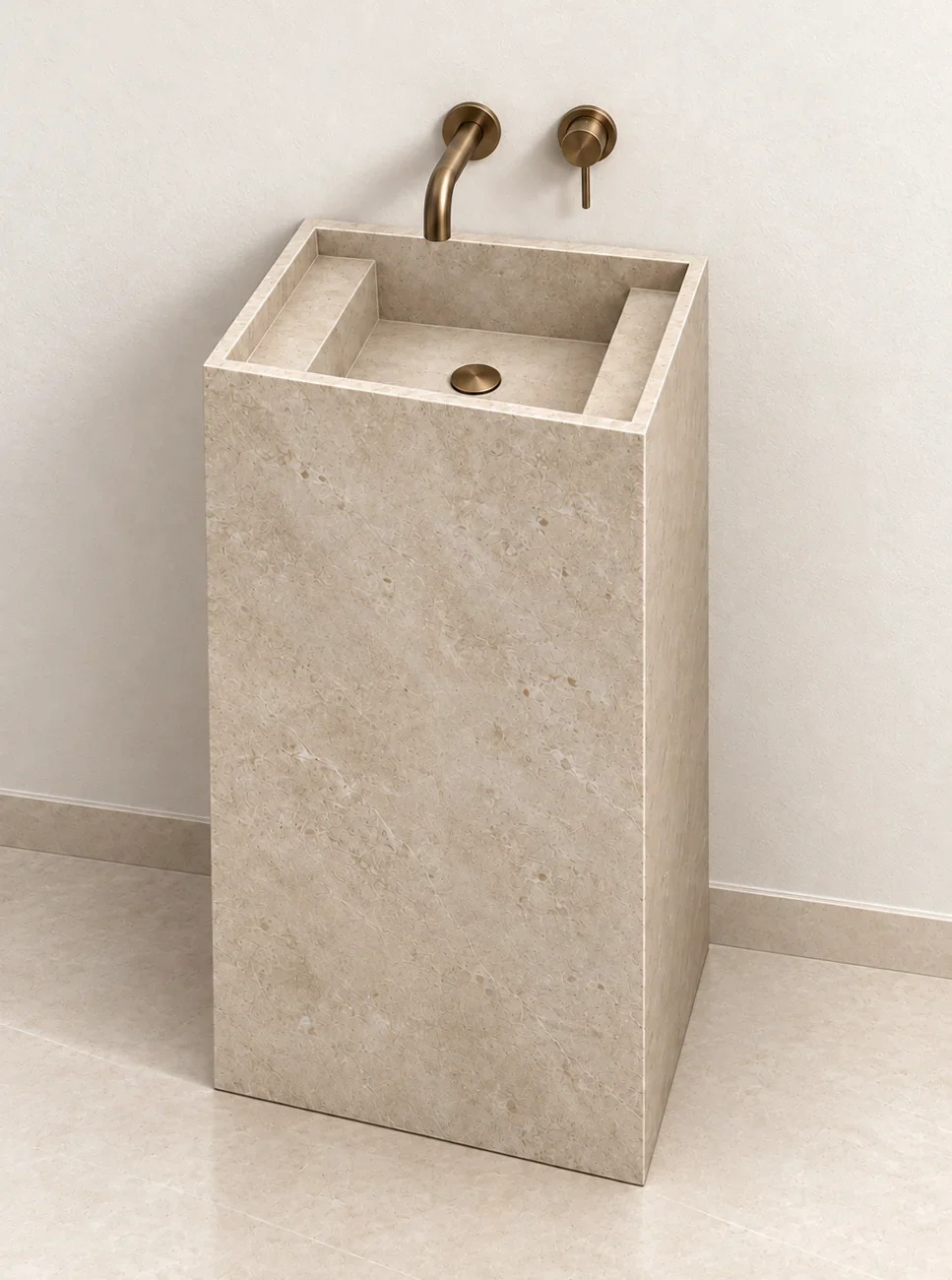Staande wastafelzuil van beige keramiek met twee verlaagde zijplateaus, een centrale afvoer in brons en een bronzen muurkraan